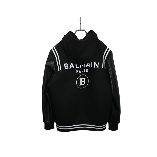 【中古】BALMAIN バルマン フーデッドスタジャン ジャケット レザー ブラック 093