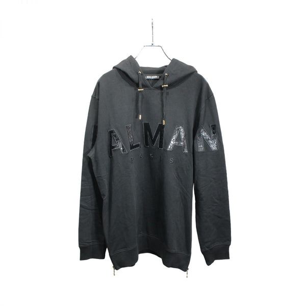 【中古】BALMAIN バルマン サイドスリットジップ付 ロゴワッペン パーカー ブラック 094