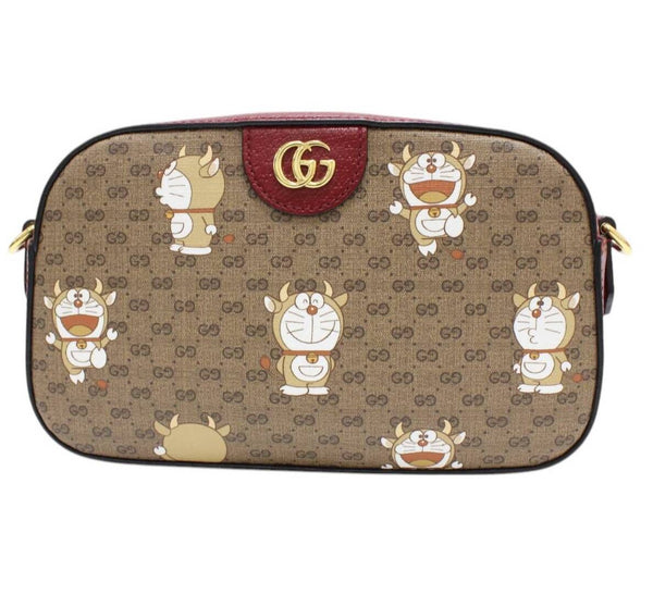 【中古】 GUCCI グッチ  × ドラえもん ショルダーバッグ 574886 ミニGGスプリーム 牛ドラ ボルドー ベージュ 1380