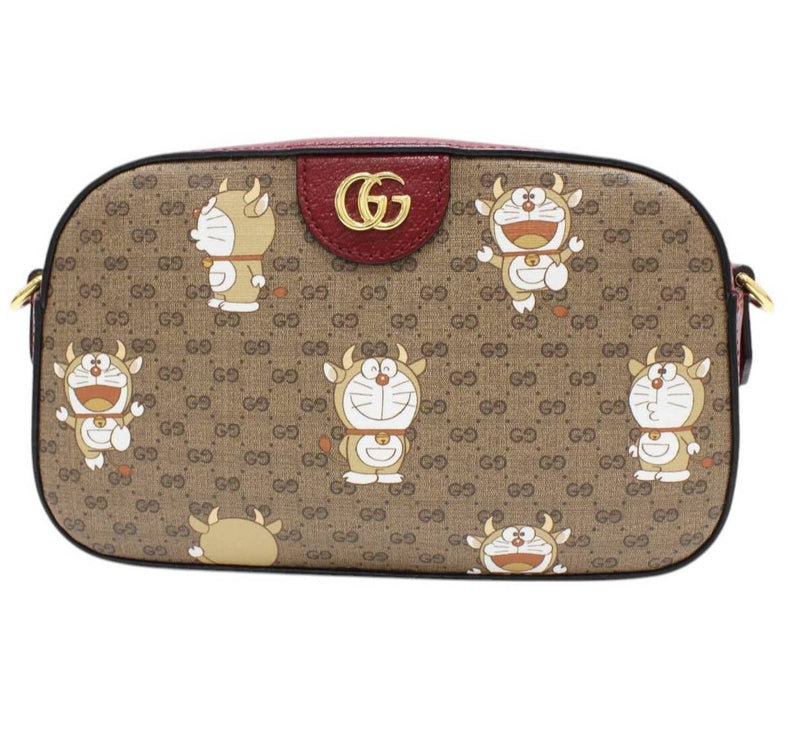 【中古】 GUCCI グッチ × ドラえもん ショルダーバッグ 574886 ミニGGスプリーム 牛ドラ ボルドー ベージュ 1380